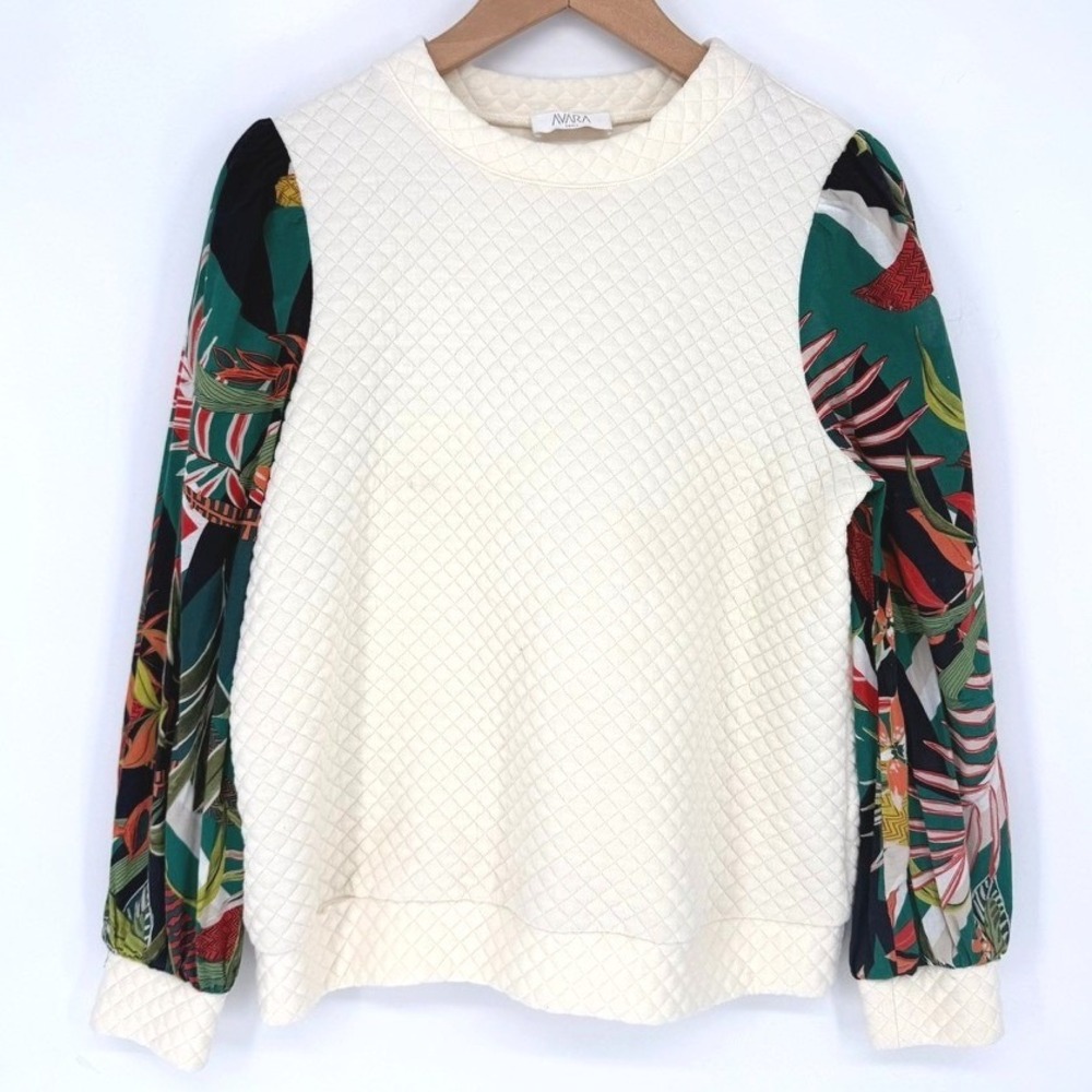 Avara Cream Quilted Tropical Puff Sleeve Top Botanical Mixed Media Eclectic S